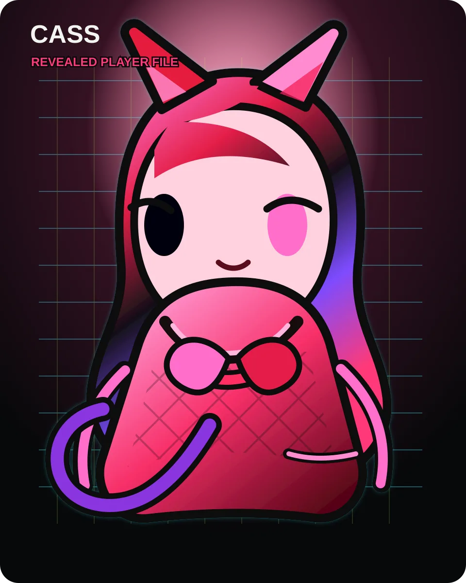 Cass, an anime-style cat-eared character with one red ear, one pink ear, one black eye, one pink eye, long multicolored hair, and a frilly red-and-pink gothic outfit.