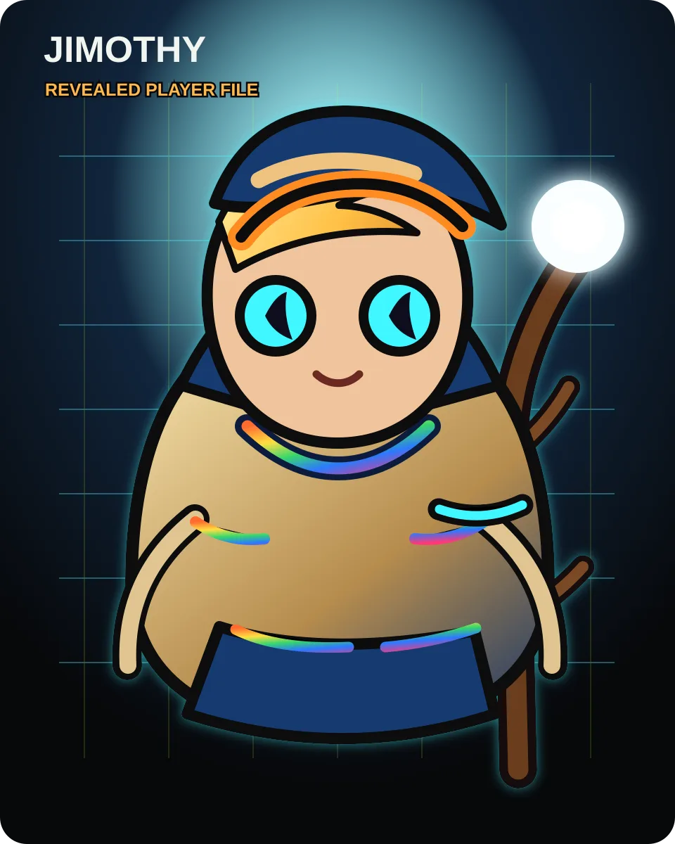 Jimothy, an anime-style young mage with messy blonde hair, orange goggles, a tan-and-blue hooded outfit, blue snake-like eyes, and a twisted branch staff holding a glowing white orb.